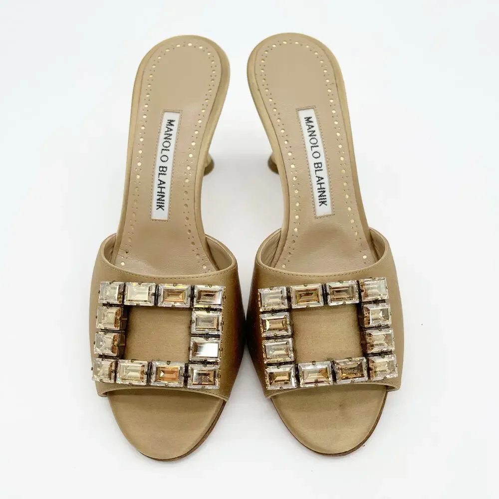 Manolo Blahnik Uliana Golden Brown Satin Crystal Open Toe Mule Heels IT 37